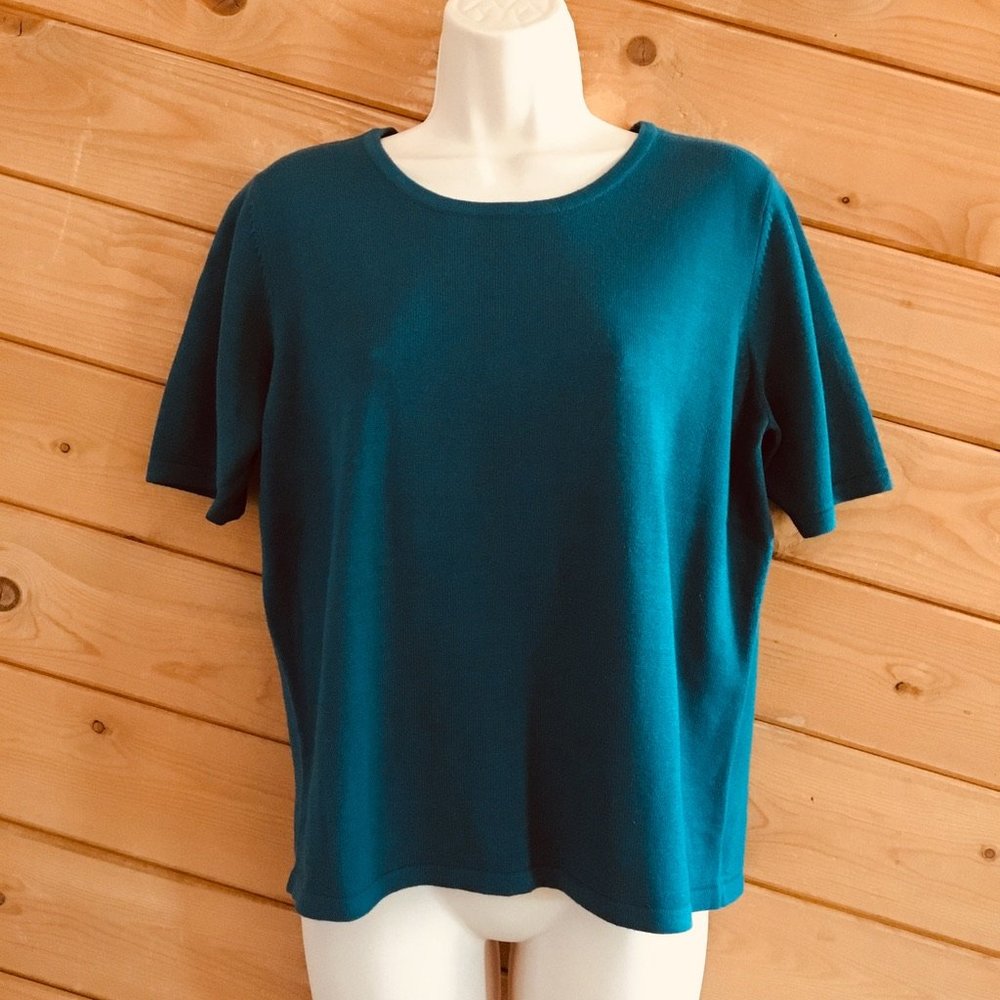 Liz Baker Petite Large Dark Teal Green Short Sleeve Sweater Shirt Top Relax Fit